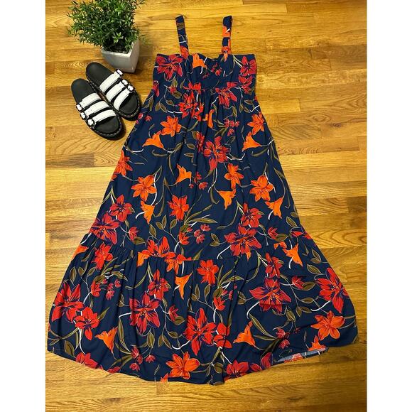 Clover and Sloan Dresses & Skirts - Clover & Sloane Womens 10 Blue Floral Tropical Square Neck Babydoll Midi Dress